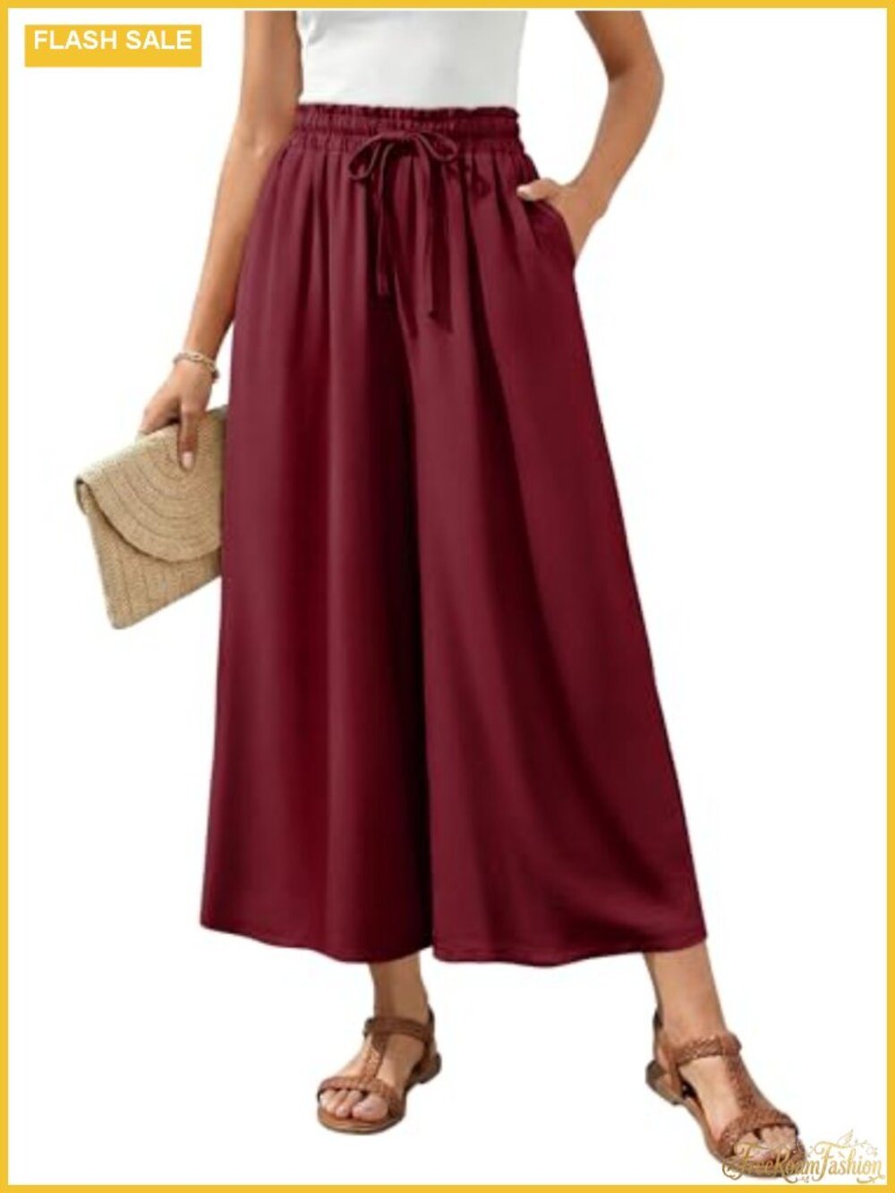 Wide Leg Flowy Palazzo Pants Elastic High Waist with Pockets Boho Cropped Women